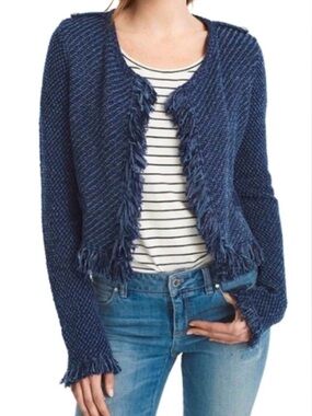 White House Black Market Fringe Tweed Sweater Denim Blue Large